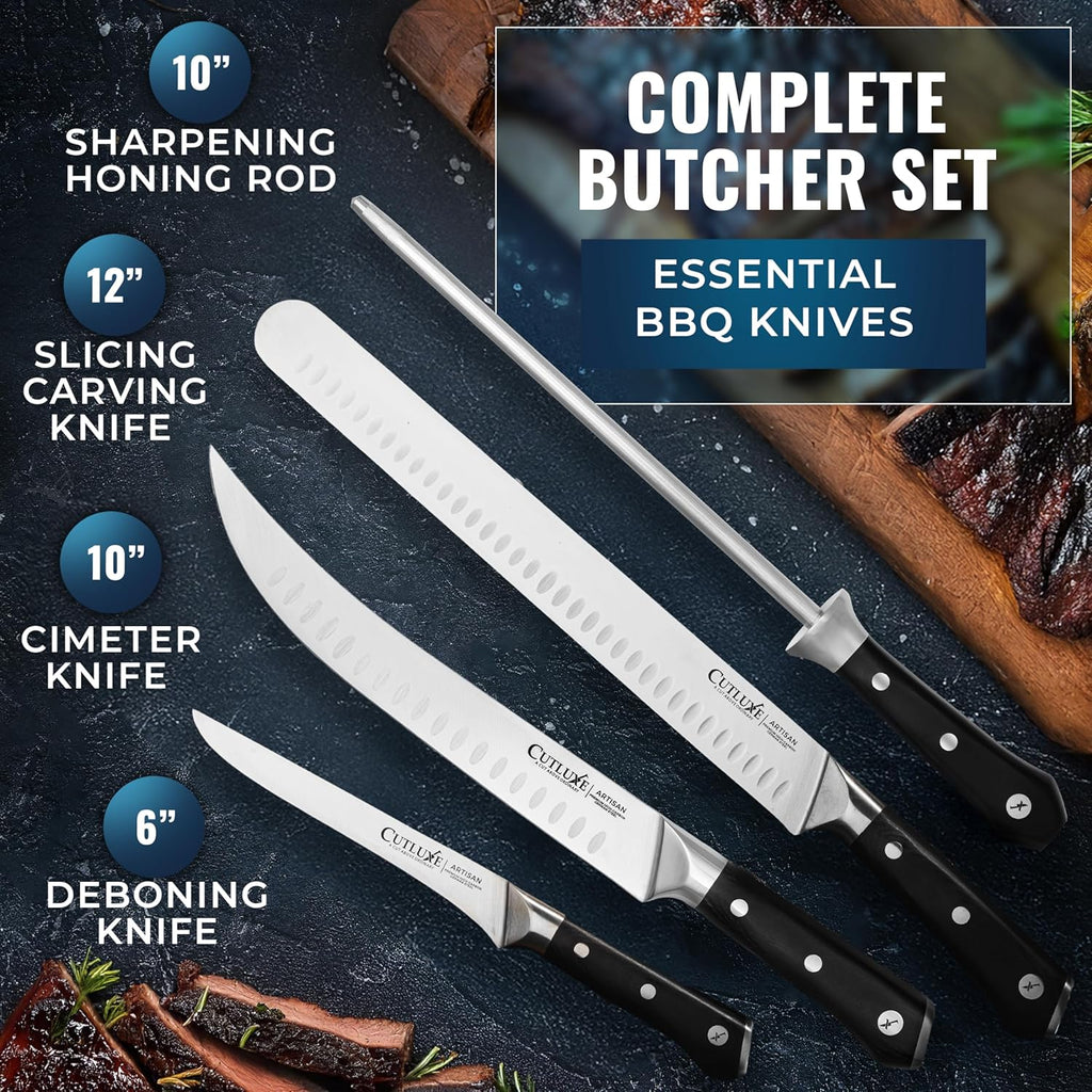 Butcher Knife Set, Brisket, Breaking & Boning Knife with Honing Rod