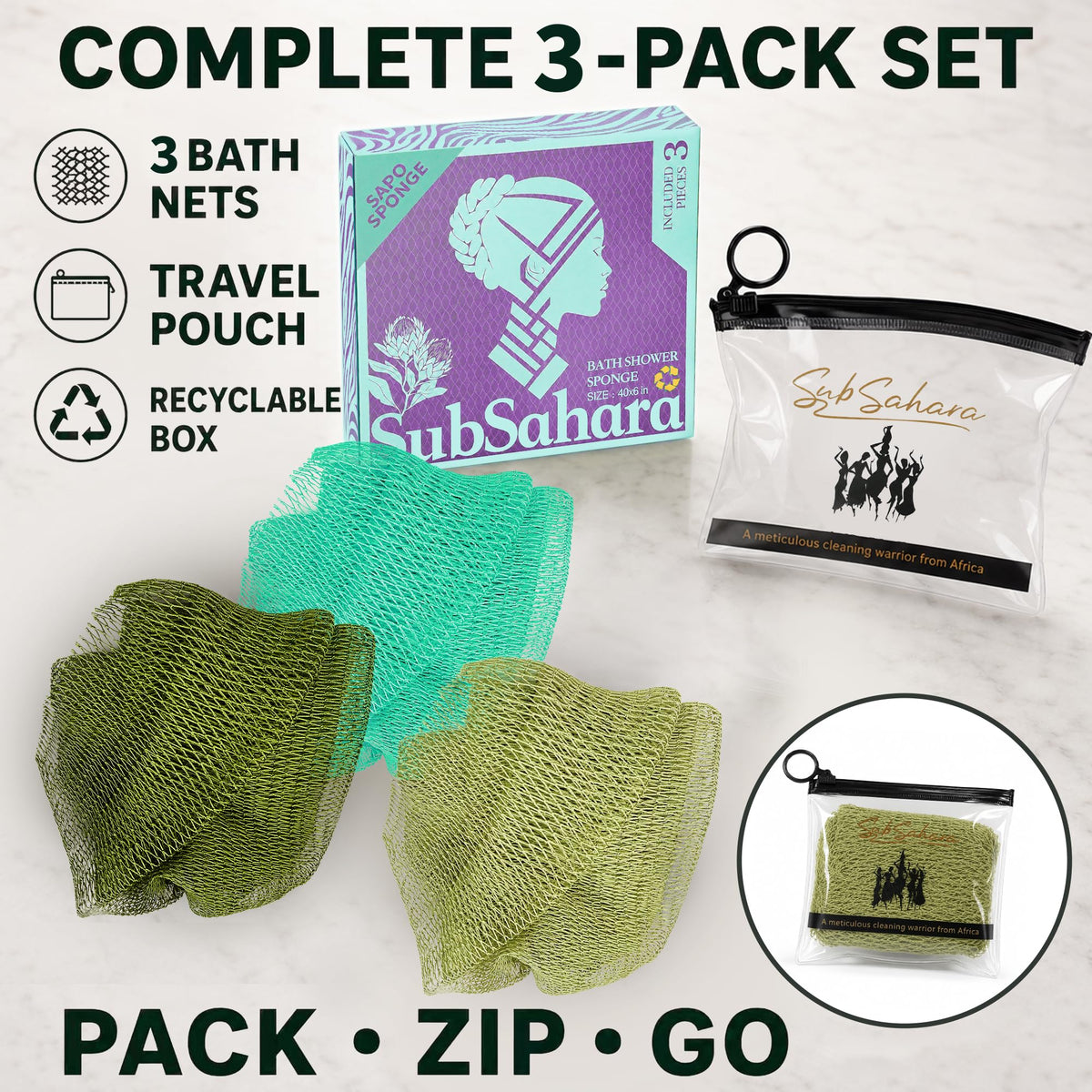 African Net Sponge, Exfoliating Body Scrubber for Back, 3 Pack