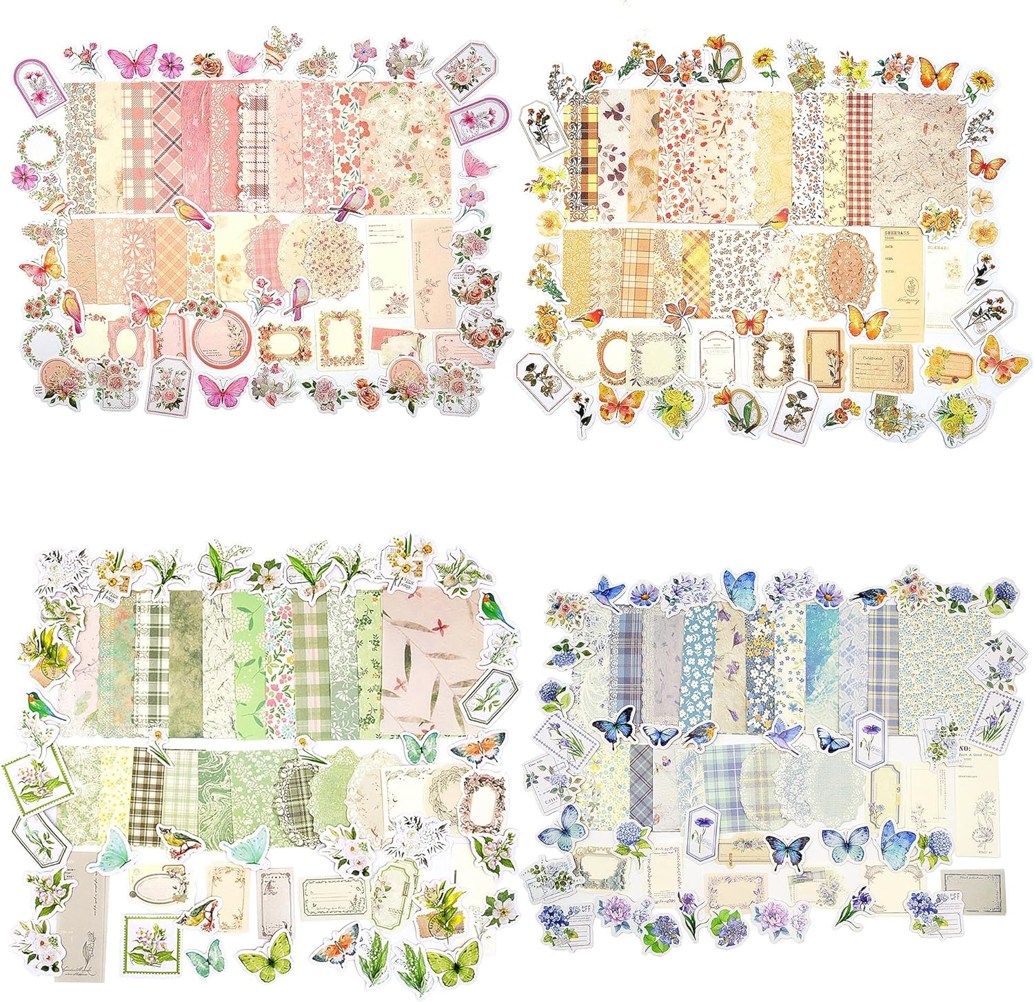 Vintage Floral Scrapbook Paper & Journaling Stickers (400pcs) Assorted Set - 4 Pack Junk Journal Supplies for Bullet