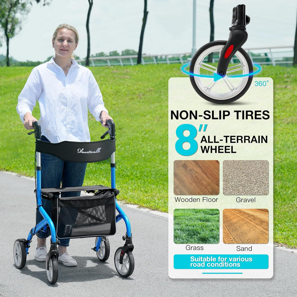 Super Lightweight Rollator Walker for Seniors, Foldable Rolling Walker with Seat and 8" Rubber Wheels for All