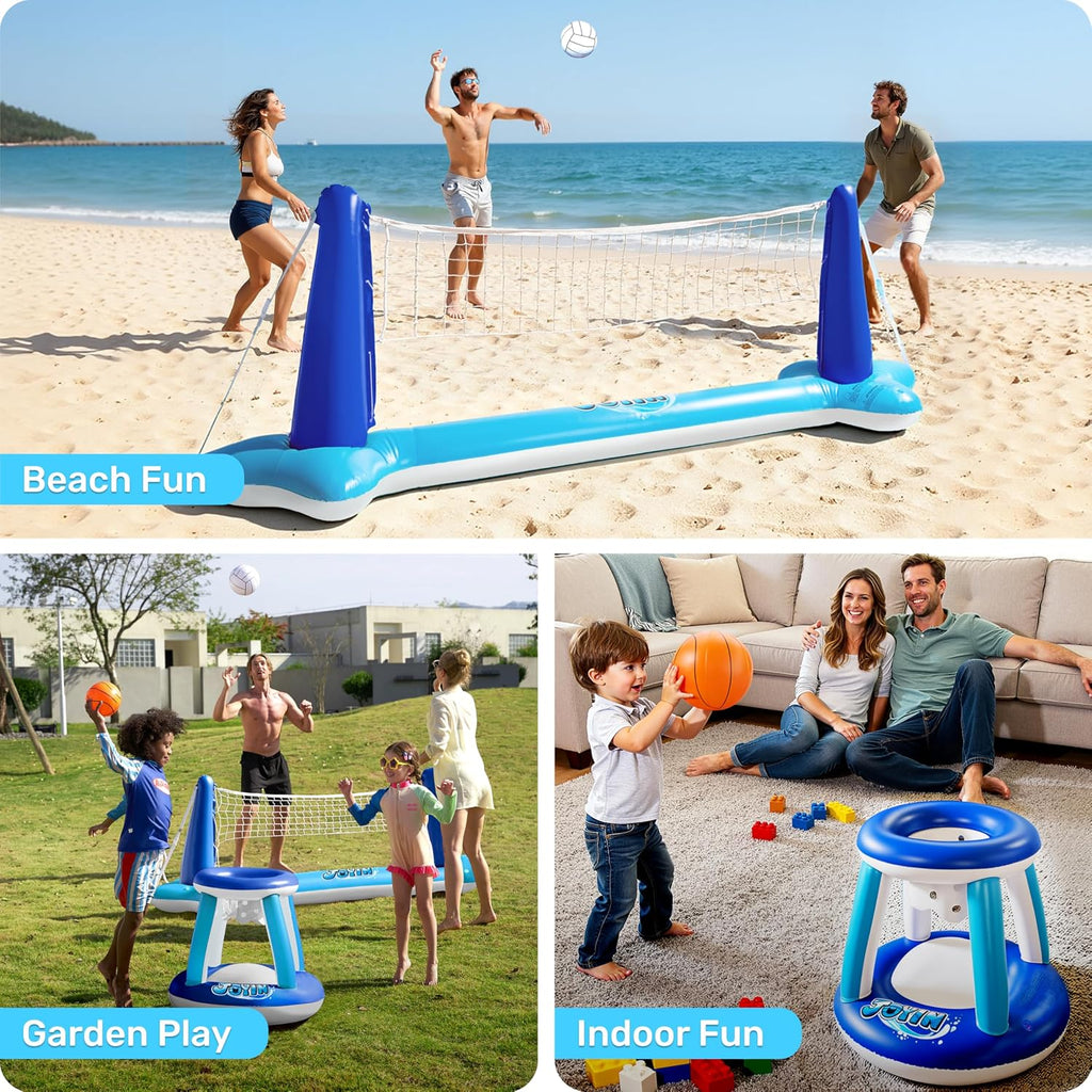 Inflatable Volleyball Net & Basketball Hoops Pool Float Set; Balls Included for Kids/Adults, Summing Pool Game