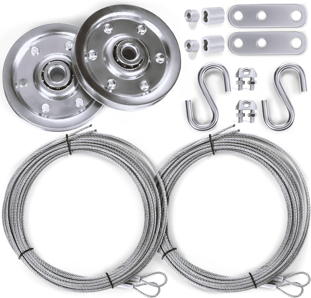 Garage Door Cable Replacement Kit, 1/8 Inch and 3/32 Inch Galvanized Aircraft Cables with 3 Inch Pulleys, 14 Piece