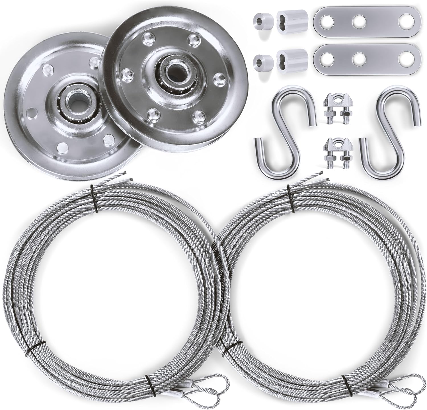 Garage Door Cable Replacement Kit, 1/8 Inch and 3/32 Inch Galvanized Aircraft Cables with 3 Inch Pulleys, 14 Piece