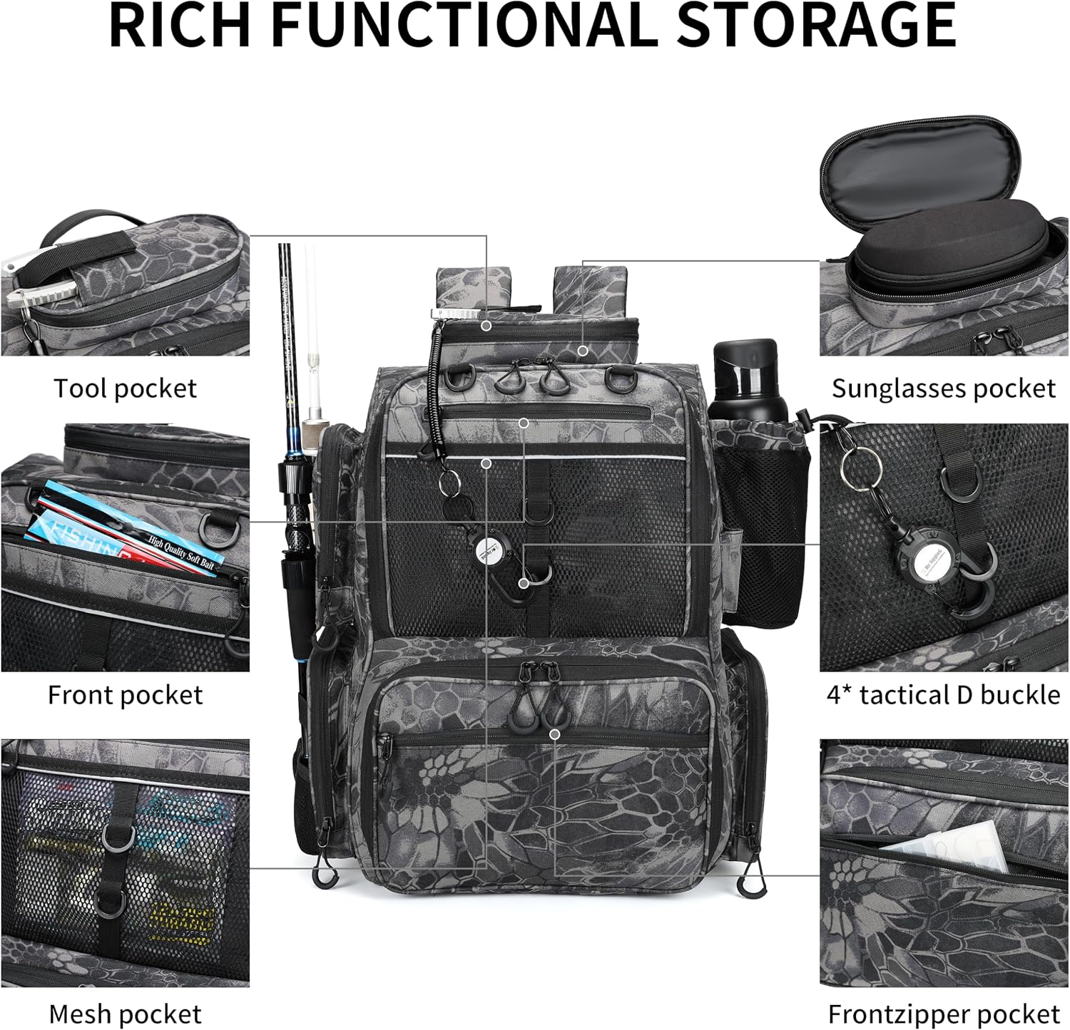 Fishing Tackle Backpack with Rod Holders, Bottle Holder, Storage Bag Store Fishing Gear