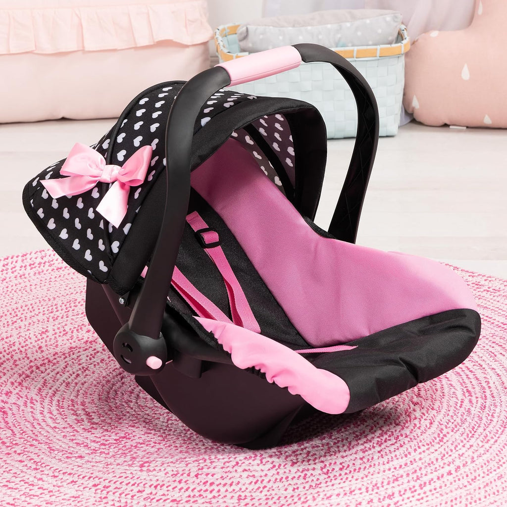 Design Dolls: Deluxe Car Seat: Hearts Black & Pink - Pretend Play Accessory for Dolls/Plushes Up to 18", Ages 3+, Large