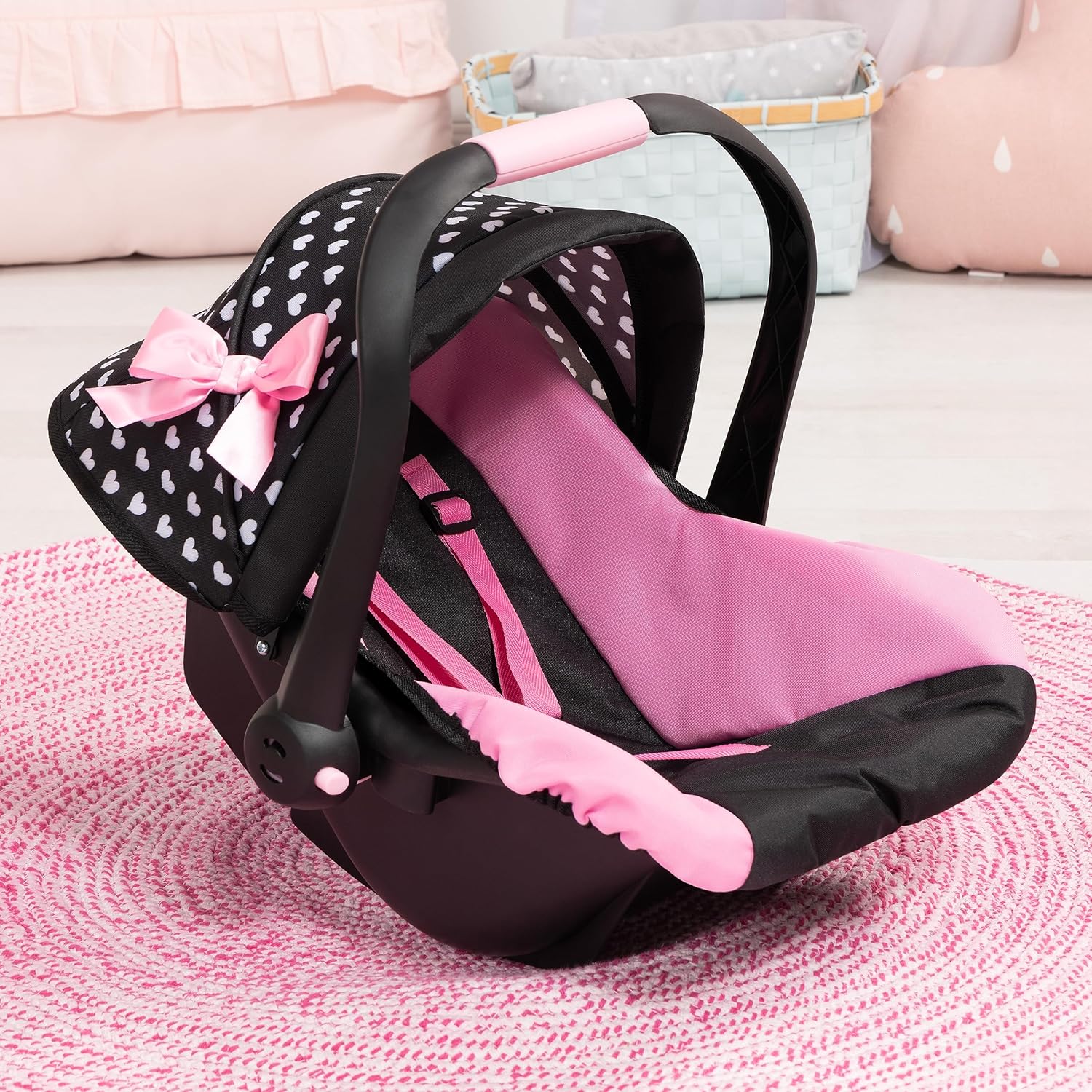 Design Dolls: Deluxe Car Seat: Hearts Black & Pink - Pretend Play Accessory for Dolls/Plushes Up to 18", Ages 3+, Large