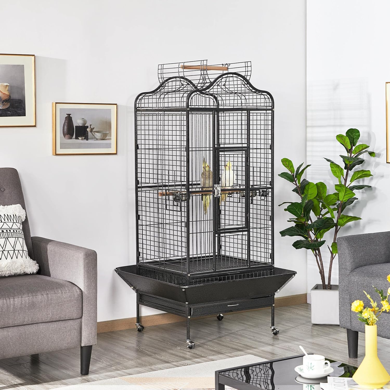 63'' Bird Cage with Stand Wrought Iron Rolling Open Play Top Large Bird Cage for Mini Macaw African Grey Amazon Parrot