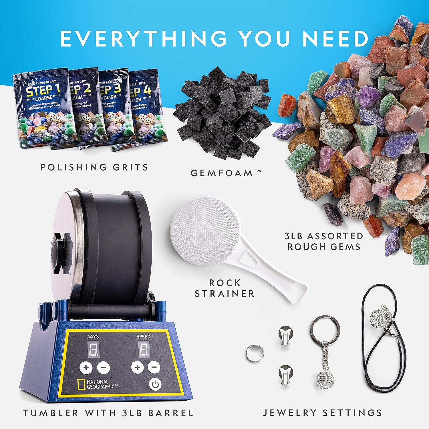 National Geographic 3 Lb. Rock Tumbler Kit for Kids and Adult Beginners | 3 Lb. Capacity Barrel, 3-Speed Motor, 9-Day