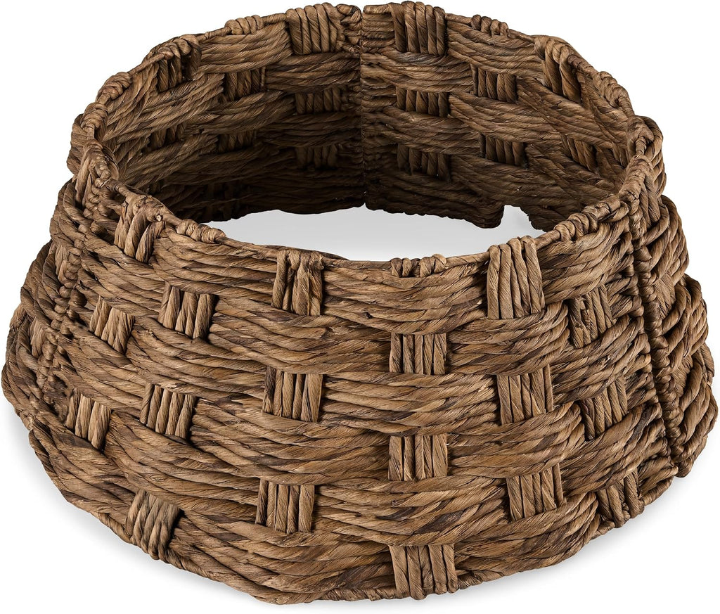 24in Christmas Tree Collar, Basket Woven Hyacinth 3-Piece Holiday Rattan Tree Skirt Accessory for Home w/Cord Cut-Out