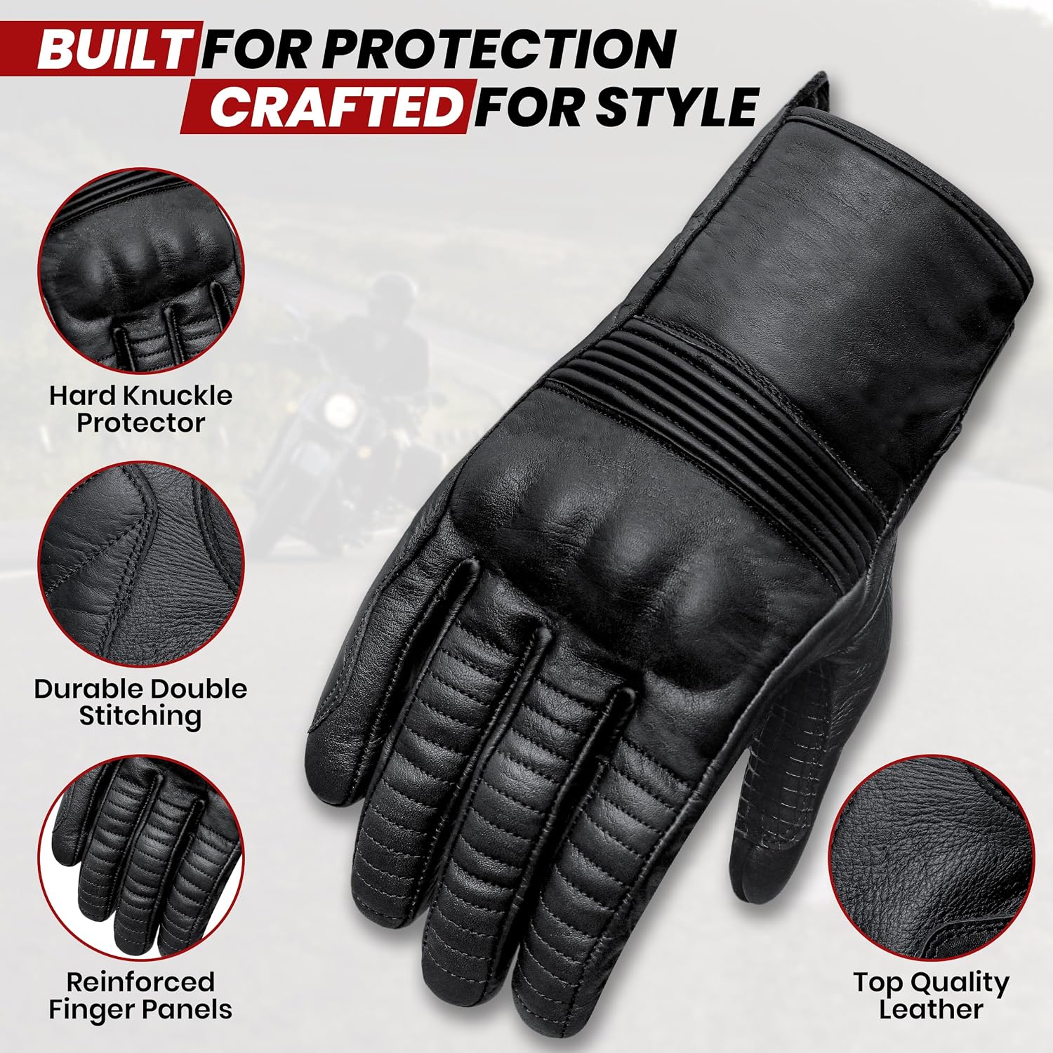 Antares Motorcycle Gloves for Men Touchscreen Full Finger Leather Gloves Protection Riding Driving Biker Glove Black