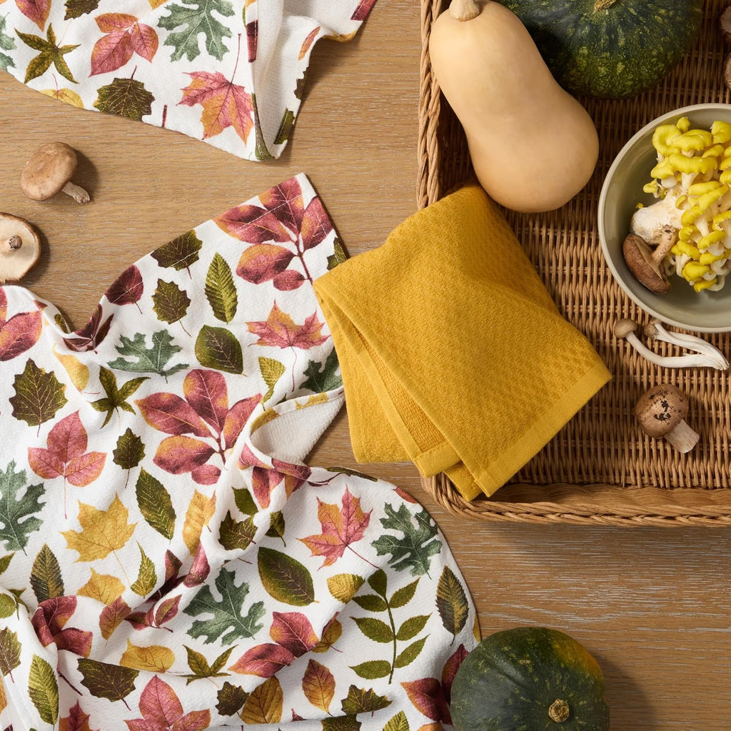 Autumn Harvest Falling Leaves Kitchen Towel 3-Pack Set, 100% Cotton with Absorbent Terrycloth, Decorative Kitchen