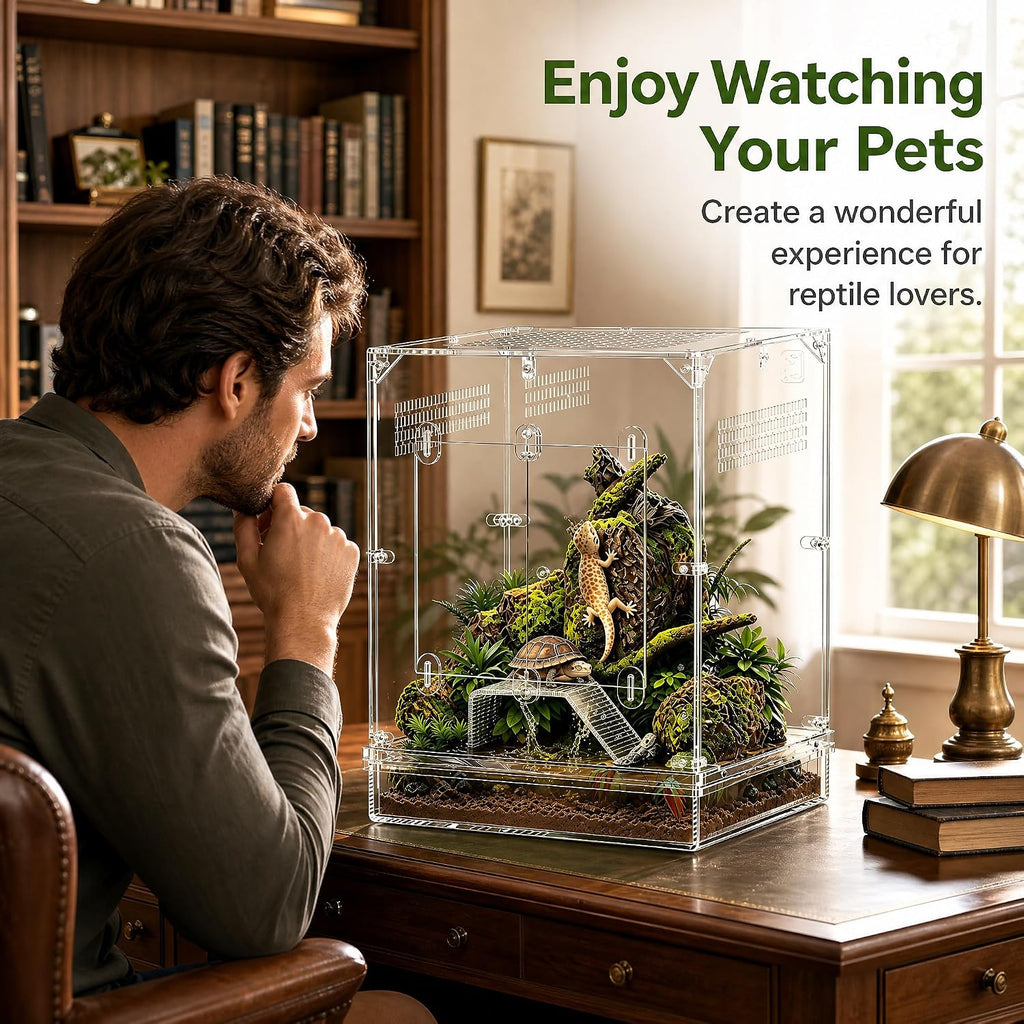 12x12x16 Acrylic Reptile Terrarium, Large Reptile Enclosure with Watertight Bottom, 10 Gallon Clear Reptile Tank with