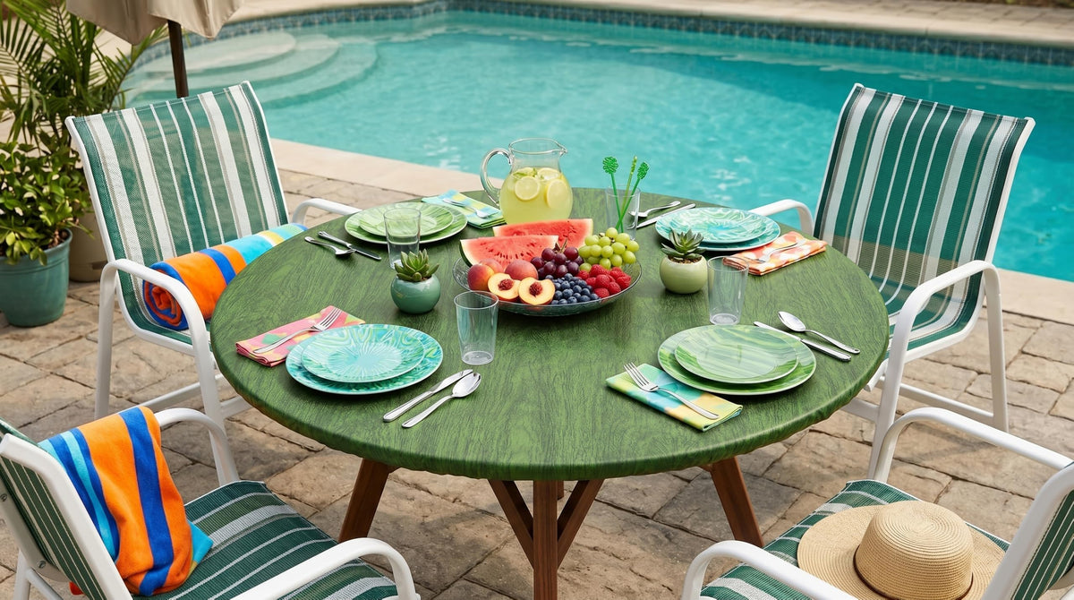 Round Fitted Vinyl Flannel Backed Tablecloth with Elastic Edge