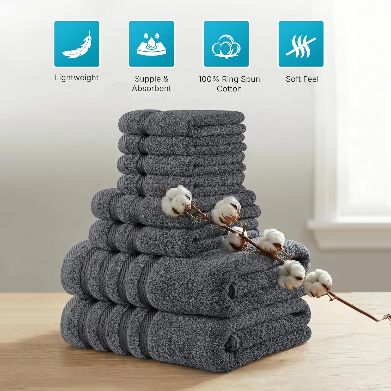 8 Piece Towel Set – Super Absorbent & Quicker-to-Dry, Thick 100% Ring Spun Cotton Towels for Bathroom, Spa & Hotel –