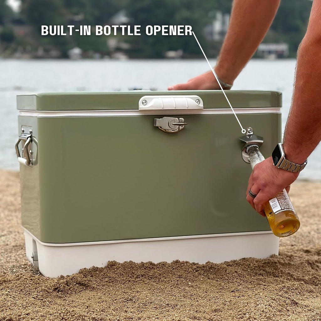 Hard-Sided 54 Qt. / 80 Can Metal Cooler | Durable outdoor beverage cooler with latch closure, bottle opener and side