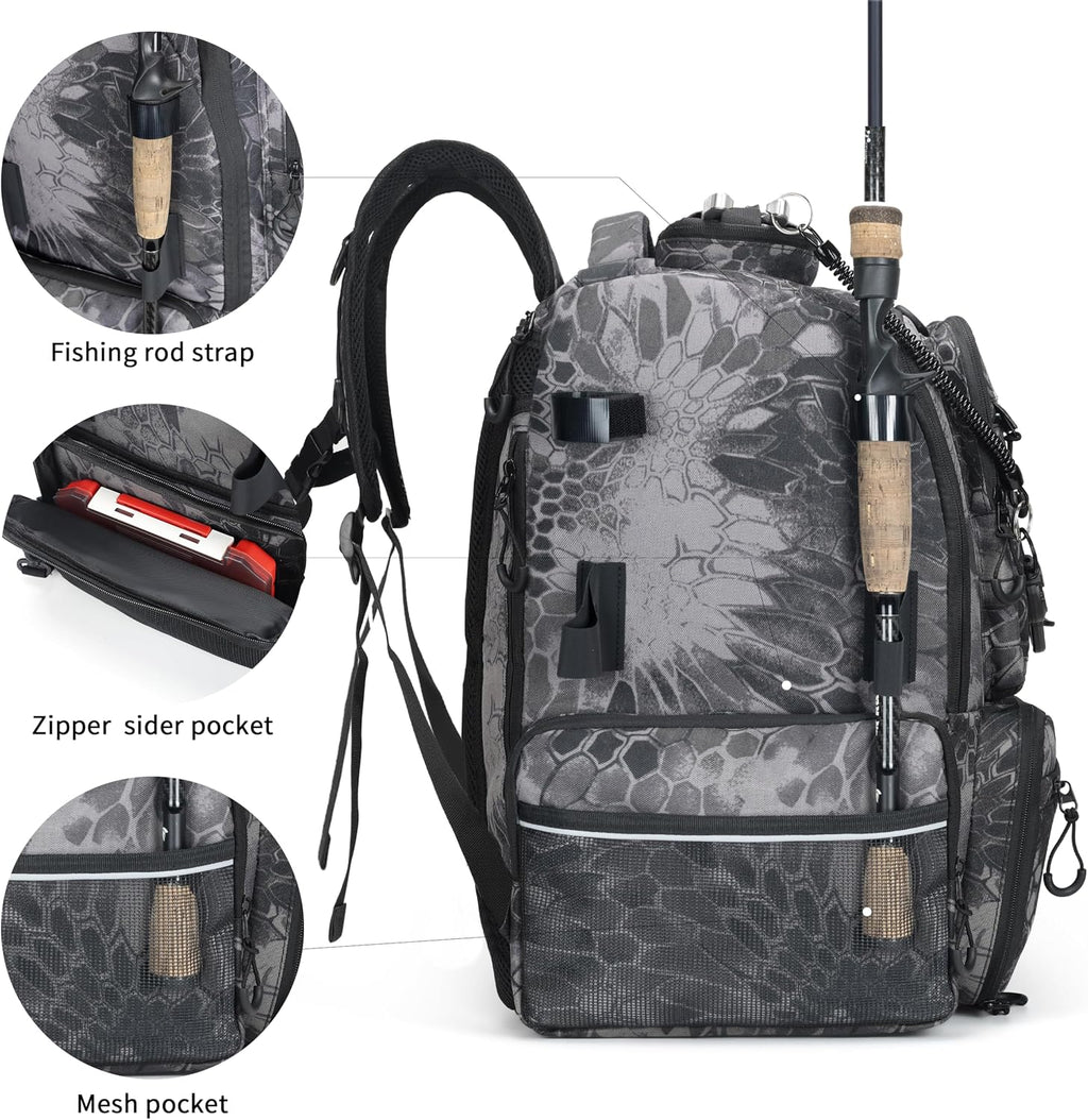 Fishing Tackle Backpack, 45L Storage Waterproof Travel Bag Store Fishing Gear with Insulated Top Pocket