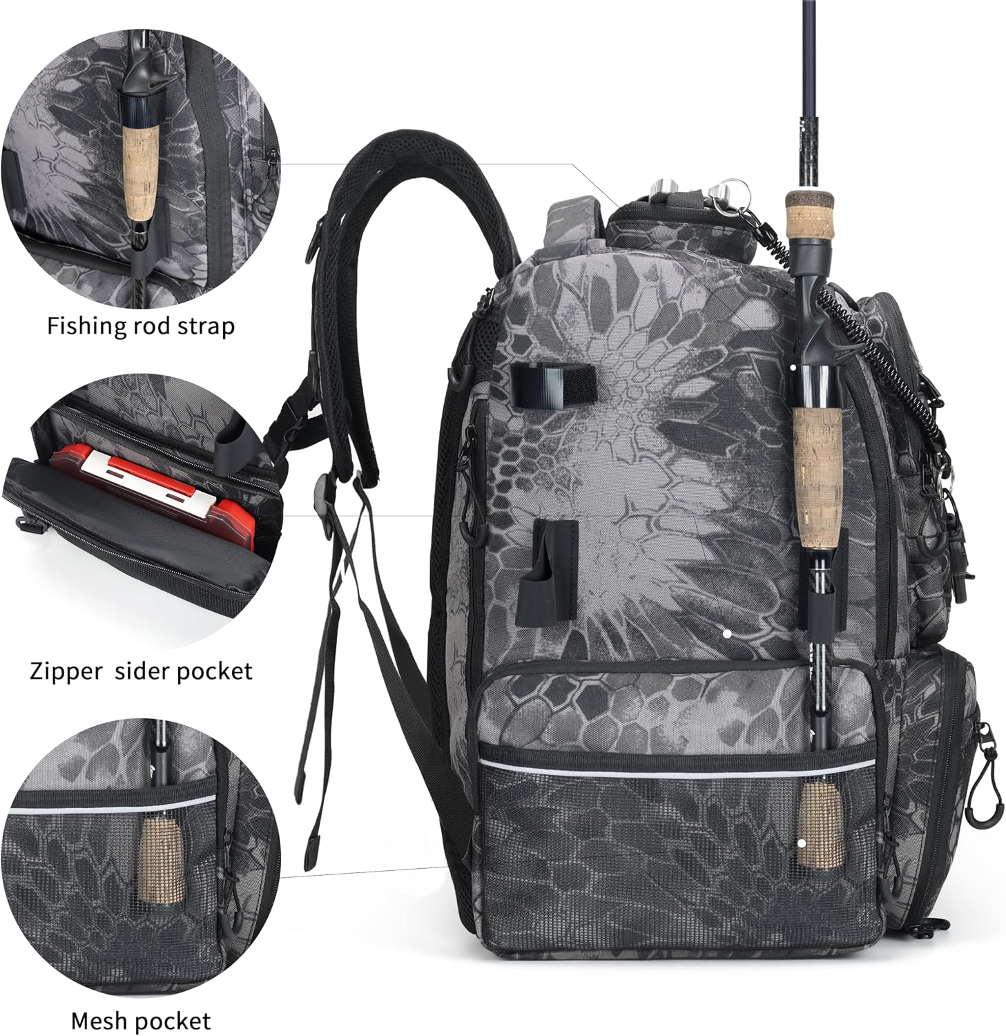 Fishing Tackle Backpack, 45L Storage Waterproof Travel Bag Store Fishing Gear with Insulated Top Pocket