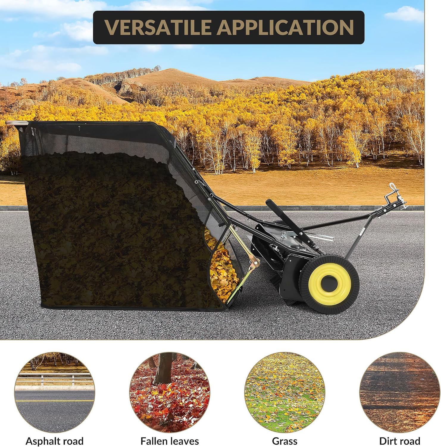 52" Heavy Duty Tow Behind Lawn Sweeper - 26 Cu.ft Hopper, Adjustable Sweeping Height, Pull Behind Yard Sweeper for