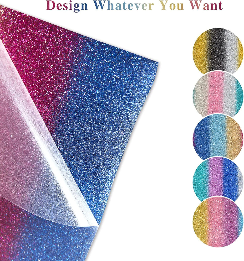 Rainbow Gradient Glitter HTV Vinyl, 5 Sheets 12×10in Iron on Vinyl | Sparkly Ombre Glitter HTV sheets,easy cut &