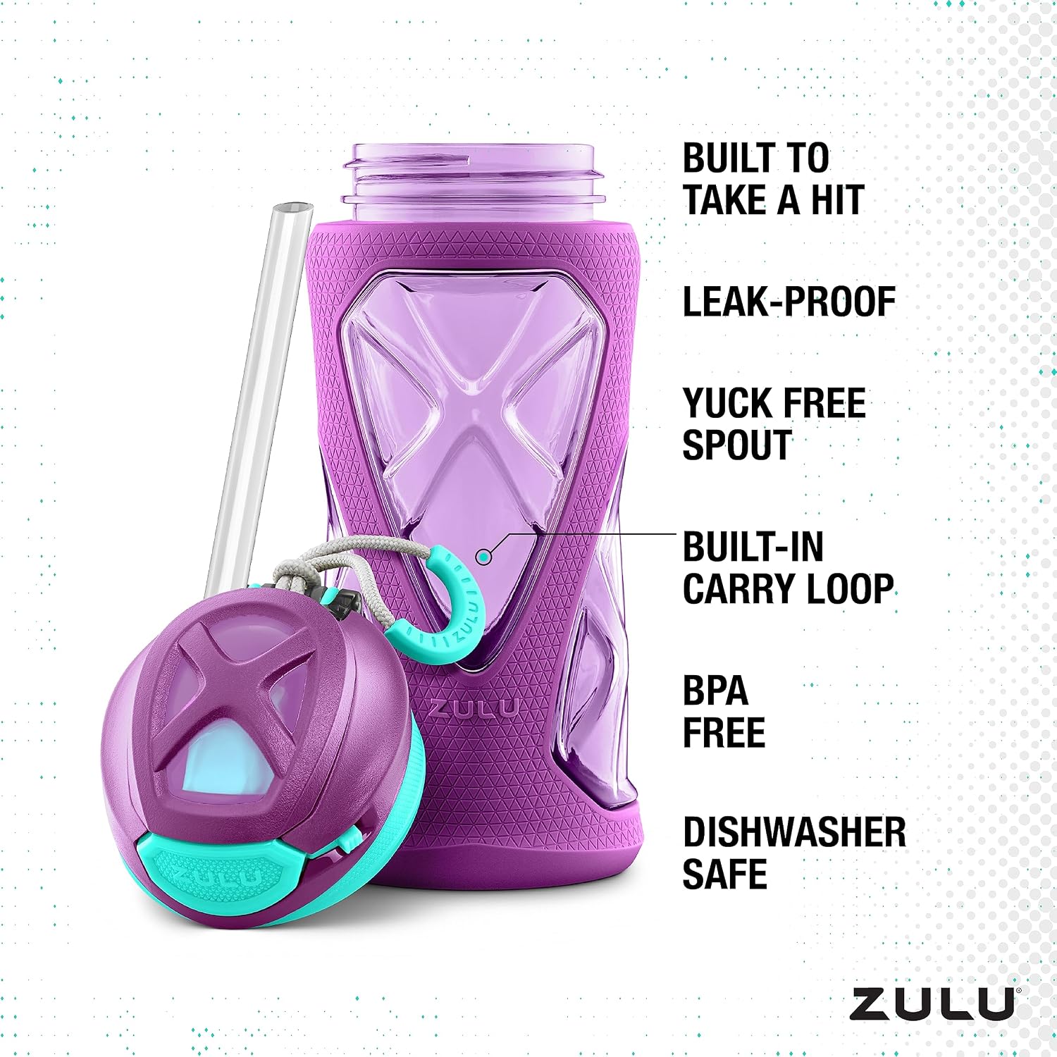 Torque 16oz Plastic Kids Water Bottle with Silicone Sleeve, Purple | Leakproof kids water bottle with silicone sleeve