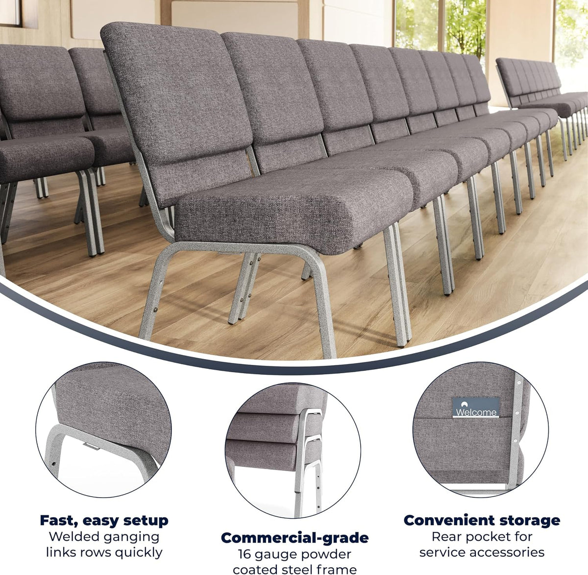 4 Pack HERCULES Series 21''W Stacking Church Chair in Gray Fabric - Silver Vein Frame