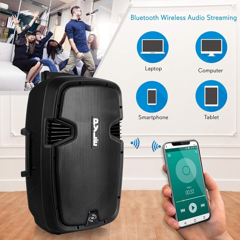 Karaoke Portable 15-inch PA Speaker System - 1600W Active Powered Bluetooth Compatible Speaker, Rechargeable Battery