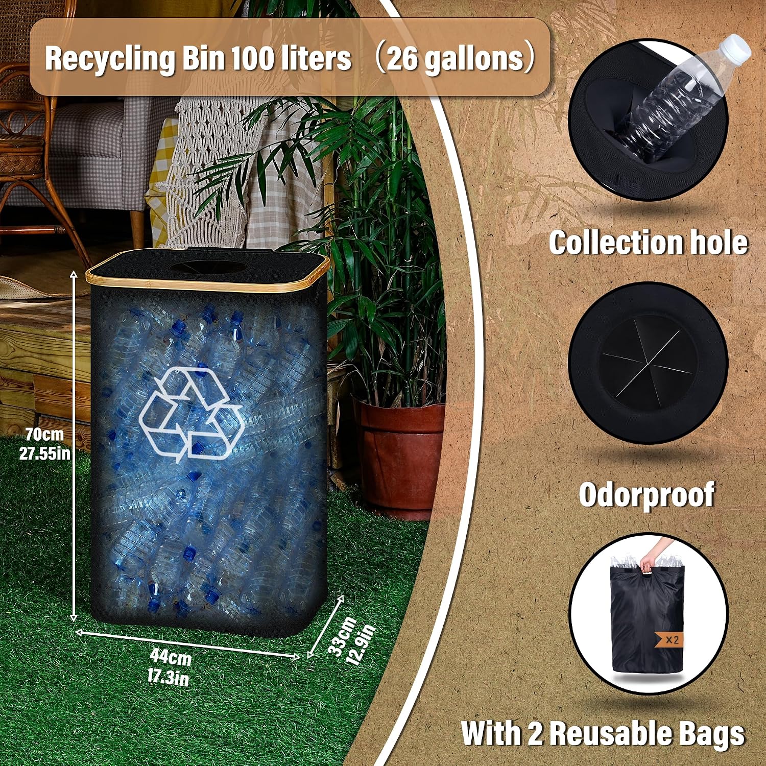 Recycling Bin for Kitchen 26 Gallon, 100L Recycle Bin with 2 Removeable and Reusable Inner Bag, Large Recycling bin