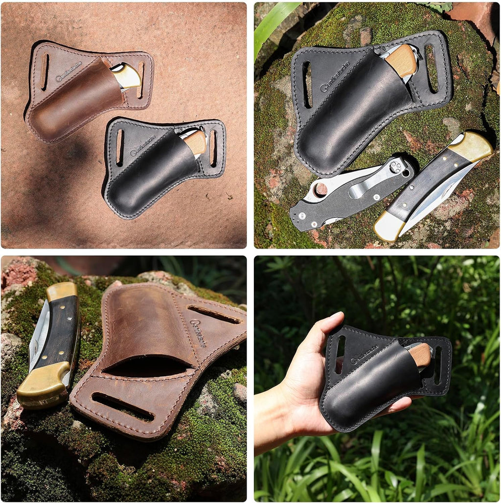 Leather Pocket Folding Knife Sheath for Belt - Cross Draw Pocket Organizer Open Top for 5 inch Folding Knife