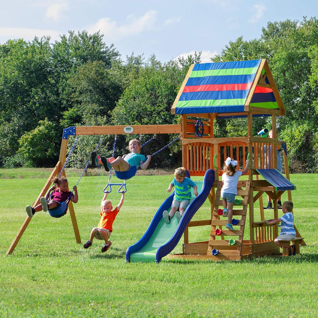 Beach Front Cedar Wood Swing Set with Wave Slide, Play Deck, Monkey Bars, Rock Wall Ladder, Shaded Picnic Area, Snack