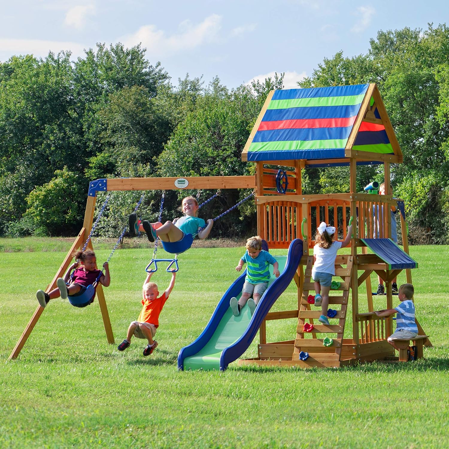 Beach Front Cedar Wood Swing Set with Wave Slide, Play Deck, Monkey Bars, Rock Wall Ladder, Shaded Picnic Area, Snack