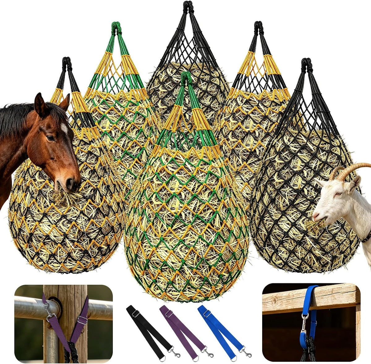 Hay Nets for Horses & Goats, 6 Pack Slow Feed Hay Bags, 3-4 Flakes