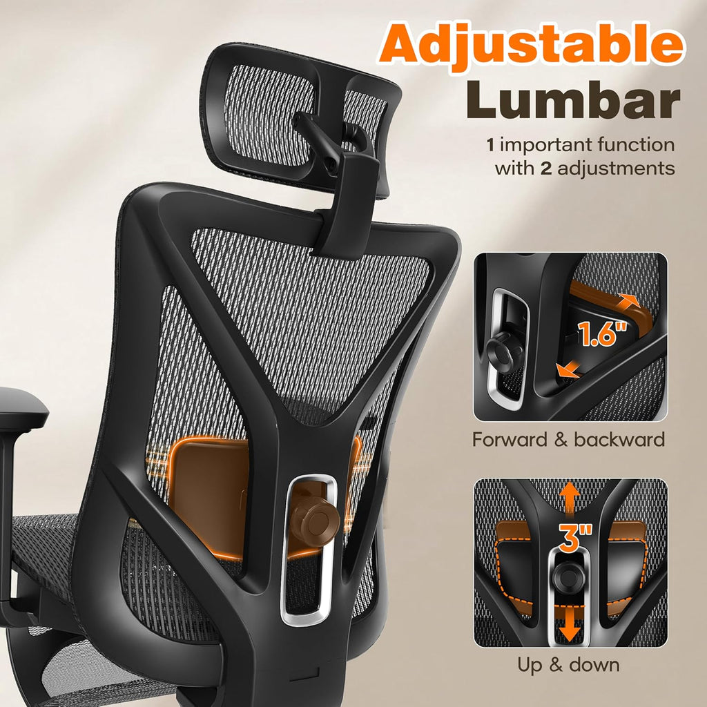 Ergonomic Office Chair with Footrest, 135° Reclining Desk Chair with Adjustable Lumbar Support,3D Armrest,Headrest &