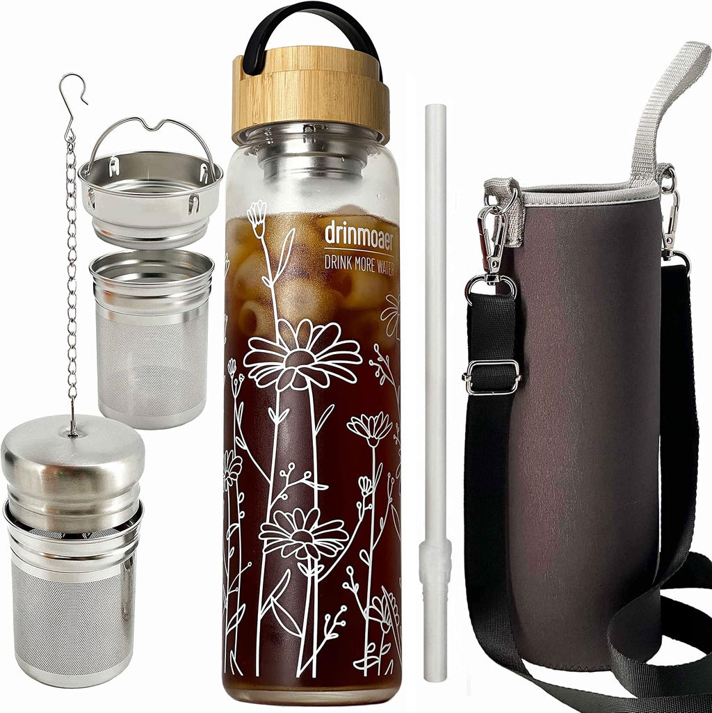 32oz Glass Water Bottle with Bamboo Lid and Neoprene Sleeve | Wide Opening Fruit Infuser Water Bottle (Flower)