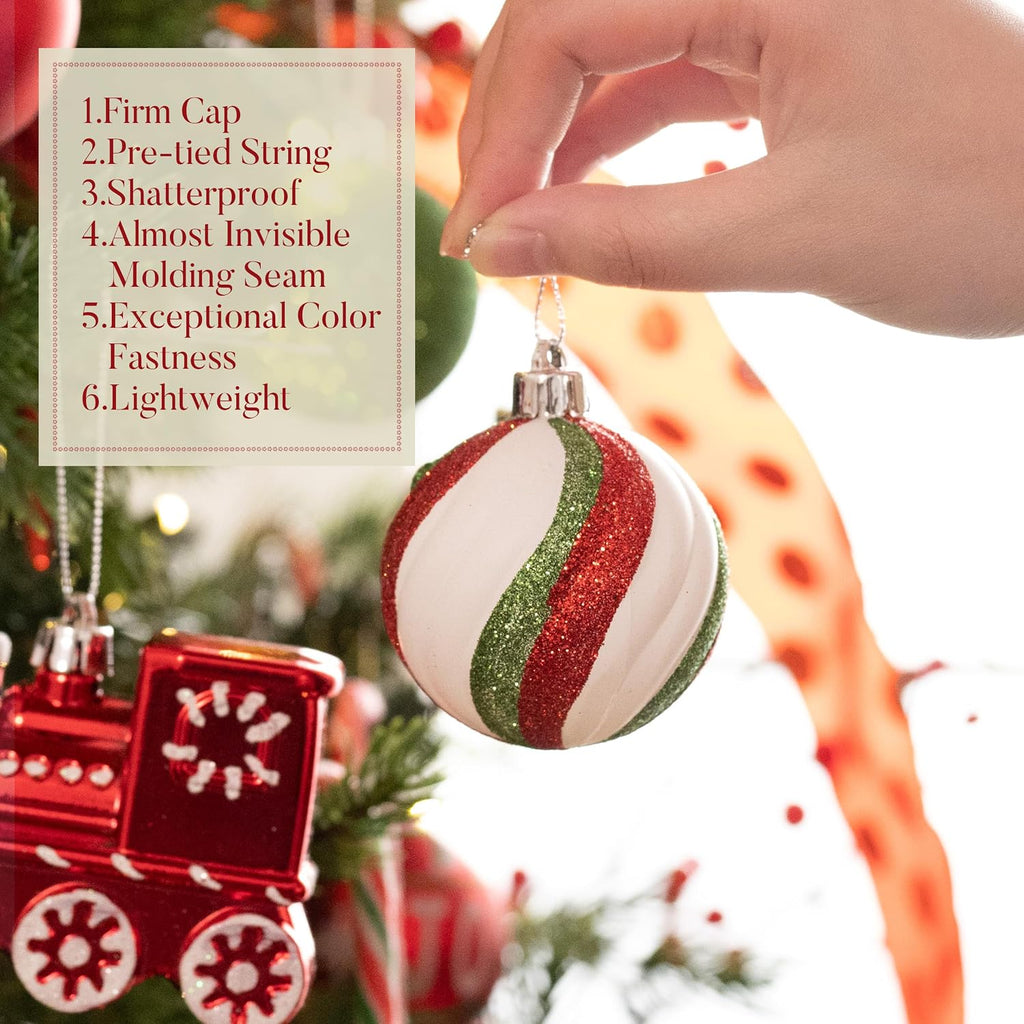 Christmas Ornaments Set, 100ct Red Green White Shatterproof Christmas Tree Decorations Variety Ball Ornaments Bulk
