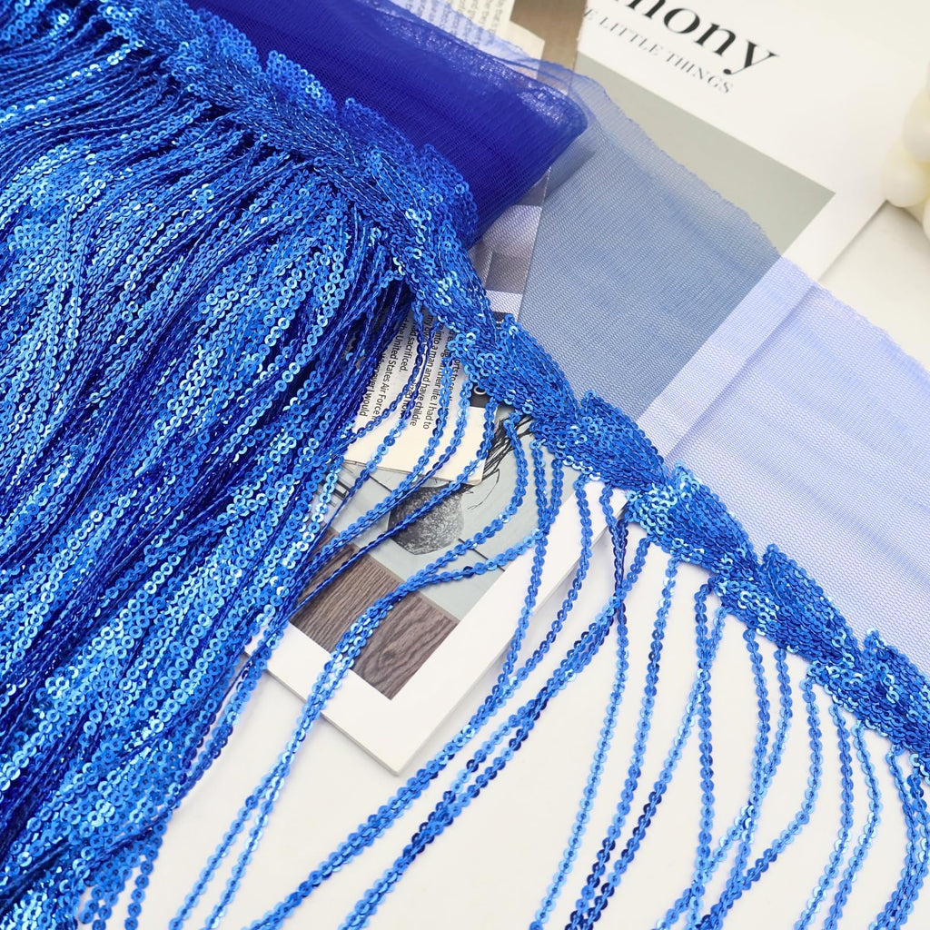 9.5 Yards Blue Fringe Trim Lace Sequin Fringe Ribbon