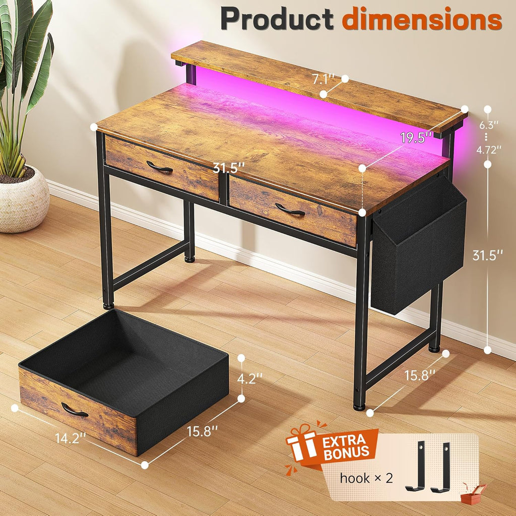 Gaming Desk with LED Lights with 2 Drawers, 31 Inch Desk Home Office Desk Computer Desk with Side Pocket & Ergonomic