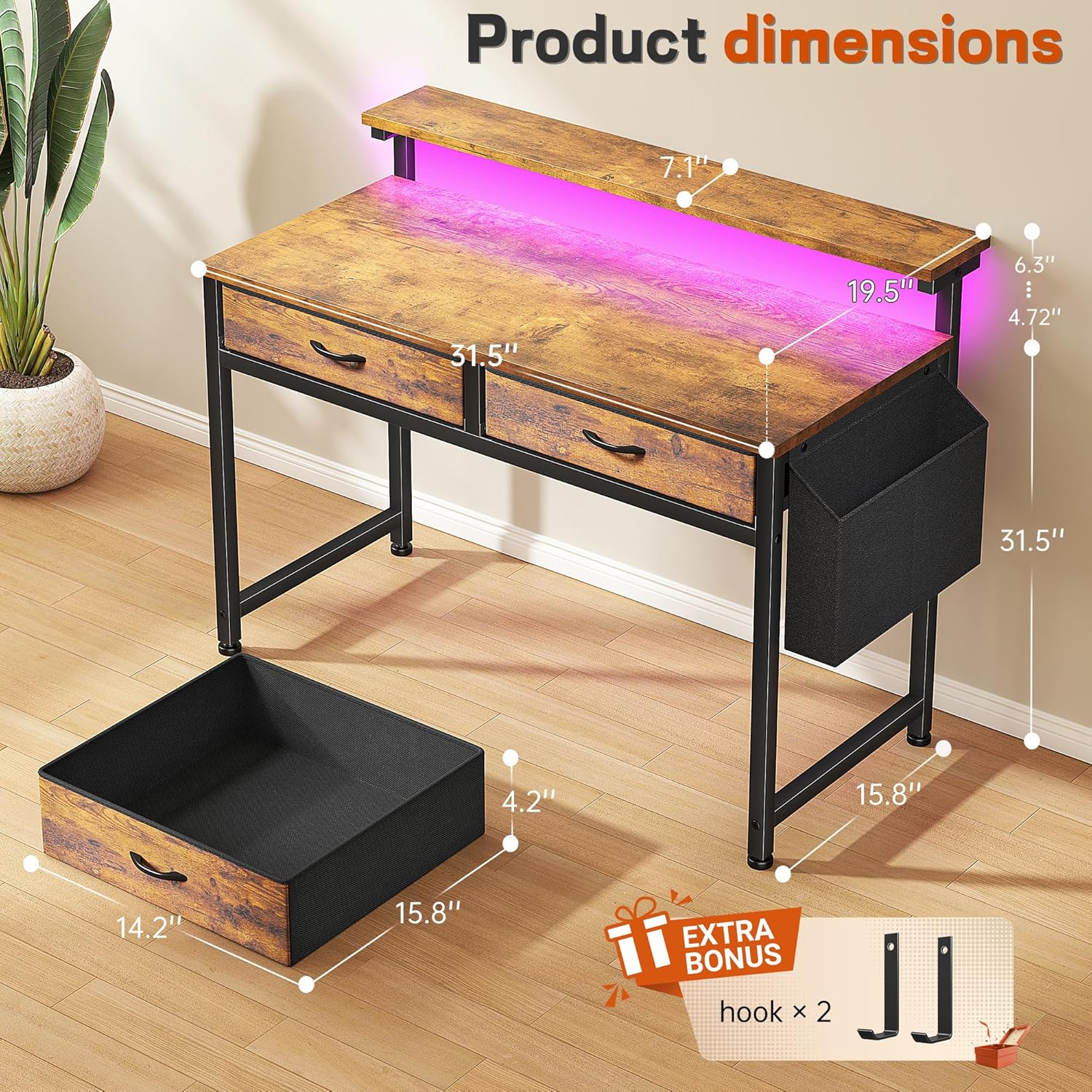 Gaming Desk with LED Lights with 2 Drawers, 31 Inch Desk Home Office Desk Computer Desk with Side Pocket & Ergonomic