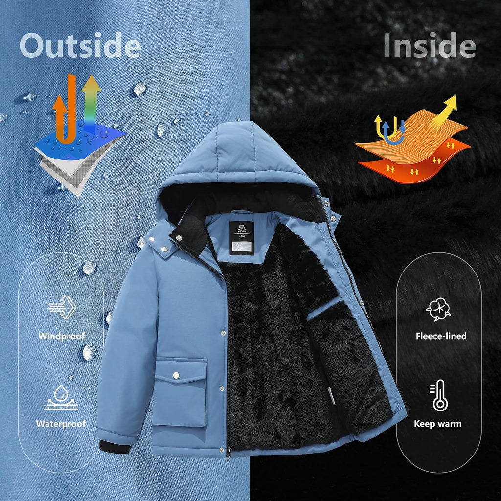 Boy's Winter Coat Waterproof Puffer Jacket| Warm Windbreak Parka | Thicken Fleece Lining Hooded Down Outerwear for Kids