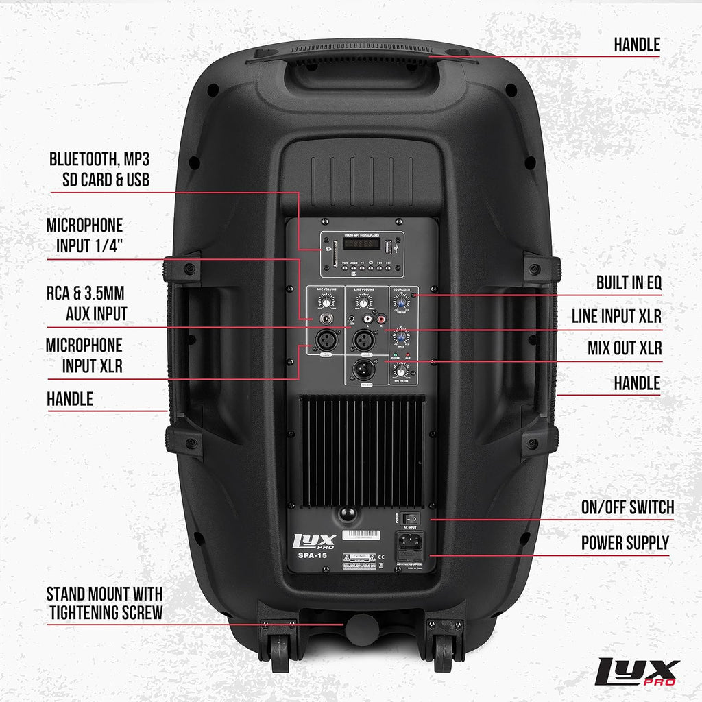 15 Inch PA Active Speaker System Compact and Portable with Equalizer, Bluetooth, MP3, USB, SD Card Slot, XLR, 1/4”