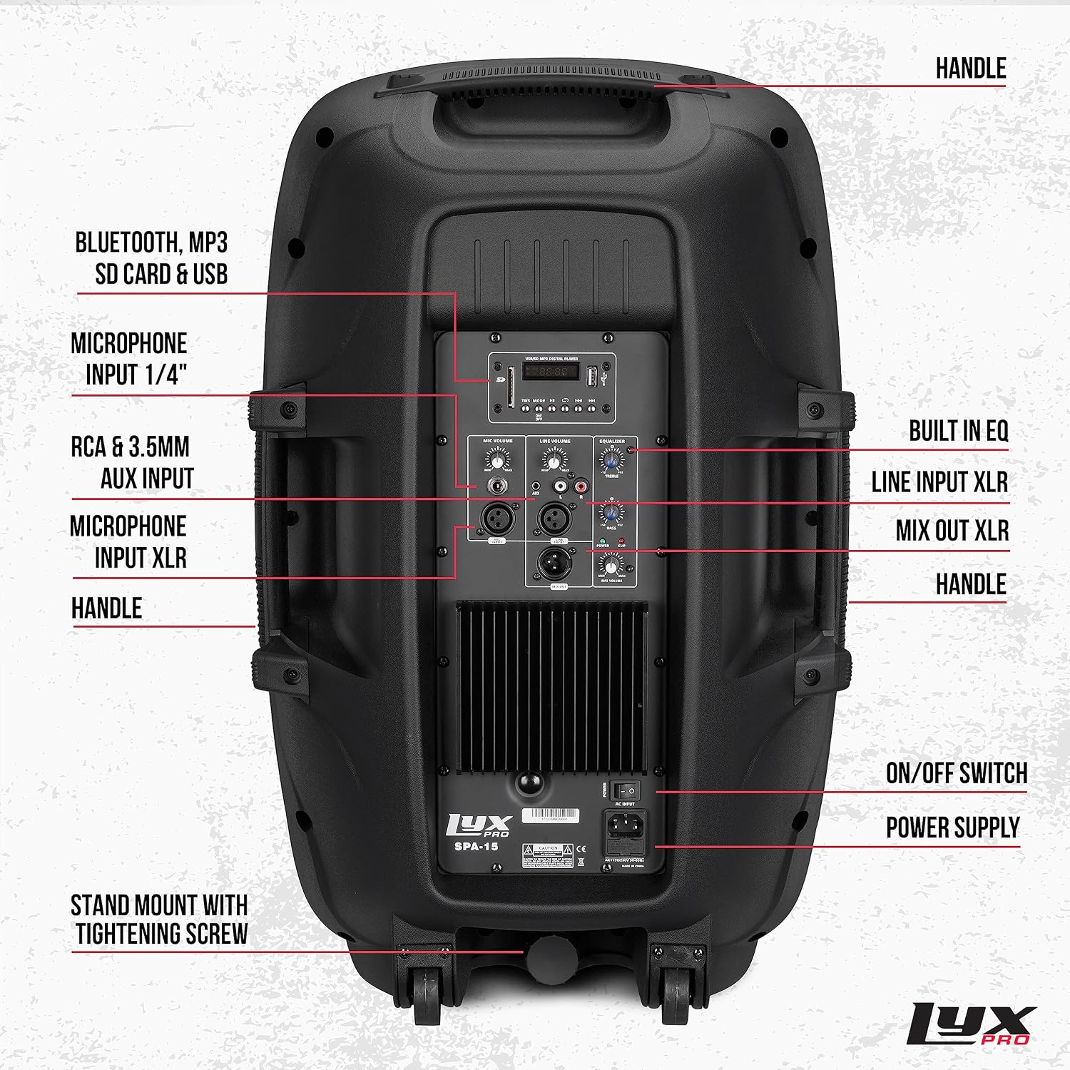 15 Inch PA Active Speaker System Compact and Portable with Equalizer, Bluetooth, MP3, USB, SD Card Slot, XLR, 1/4”