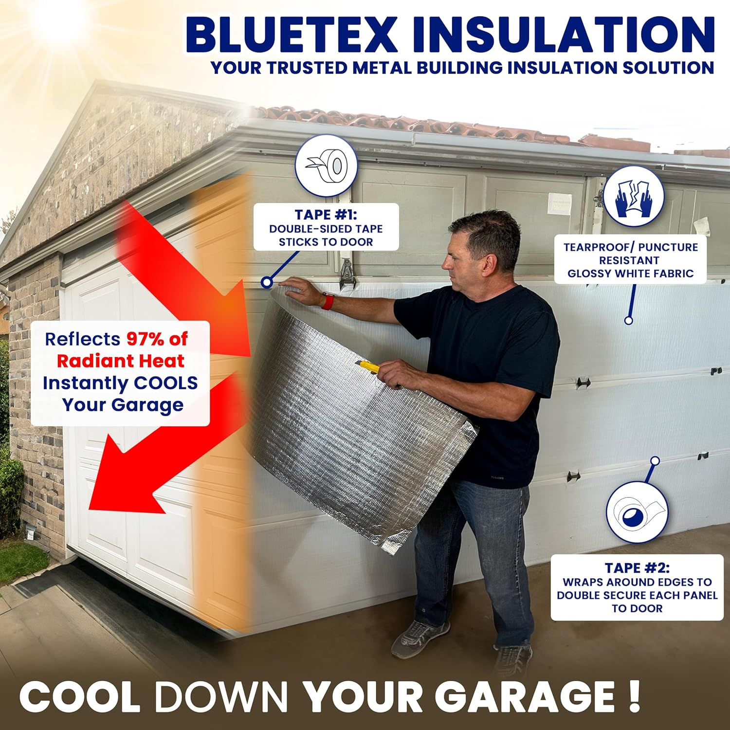 ㅤ Insulation White Reflective Foam Core Tearproof 2 Car Garage Door Insulation Kit 18FT (Wide) x 7FT (HIGH) to Cool