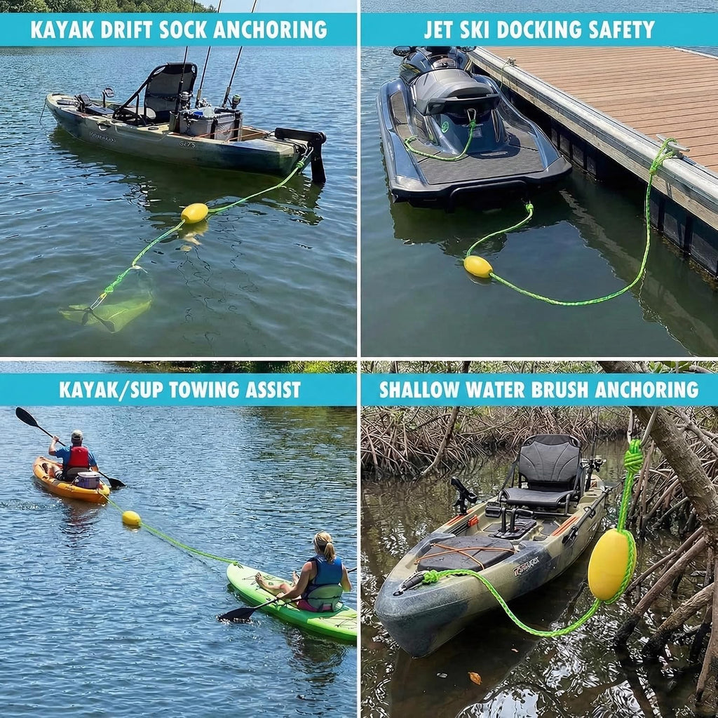 Kayak Tow Line, Drift Sock Anchor Rope for Fishing Boats and Buoys | 316 Stainless Clips, Anchor Rope and Buoy for