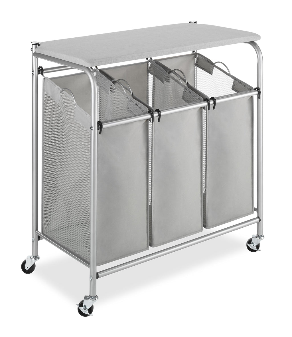 3 Section Rolling Laundry Sorter with Folding Station - Ironing Board, Chrome / Gray