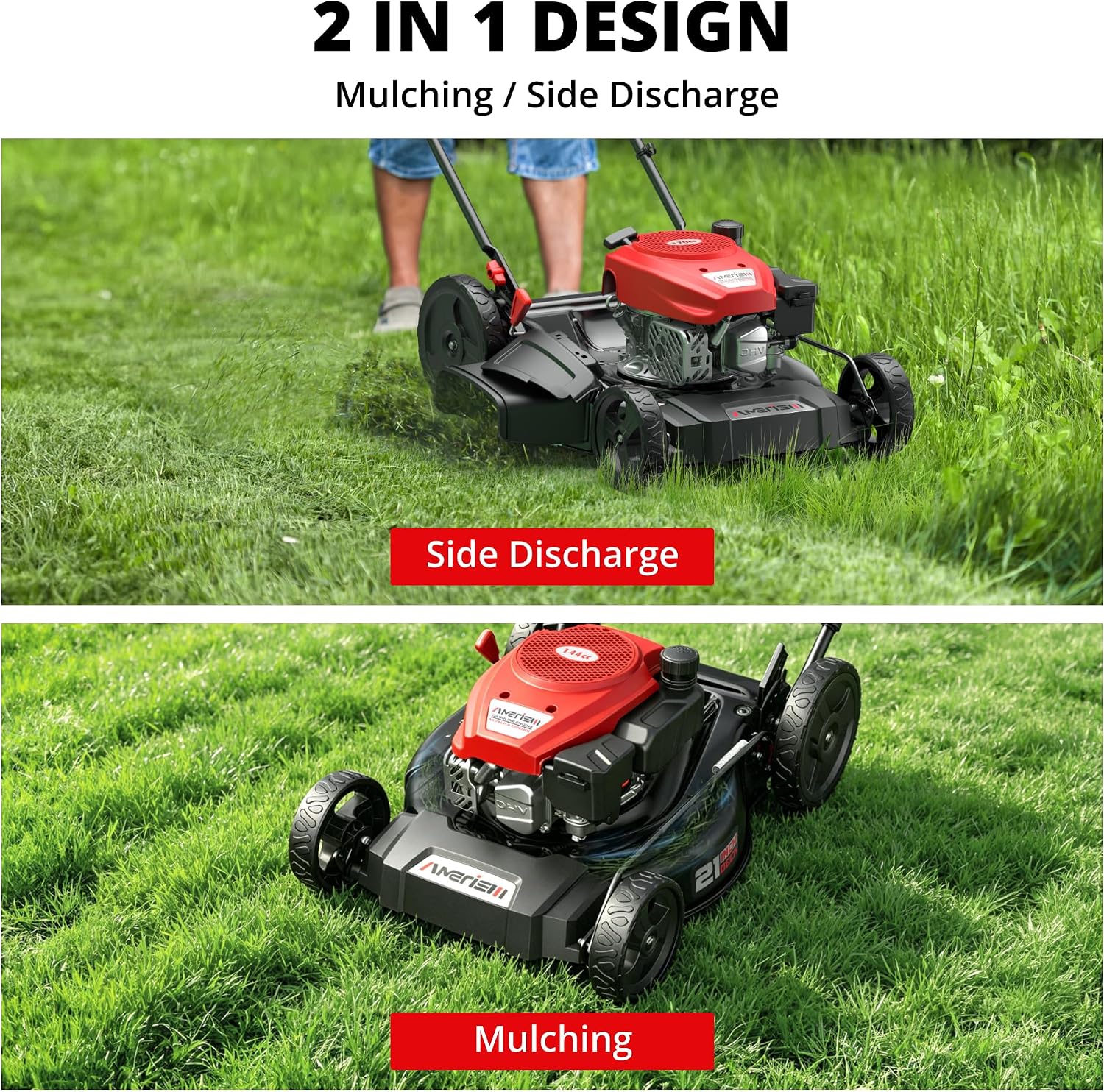 21-Inch 2-in-1 Gas Push Lawn Mower, 144cc OHV Walk-Behind Mower for Yard, Mulching Side Discharge, 1.5–3.9 in
