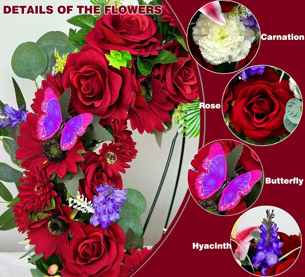 Cemetery Wreath for Grave, Red Roses Memorial Wreath with 30 Inch Easeal Stand, Fade-Resistant