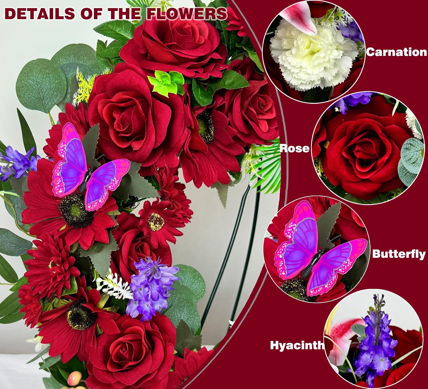 Cemetery Wreath for Grave, Red Roses Memorial Wreath with 30 Inch Easeal Stand, Fade-Resistant
