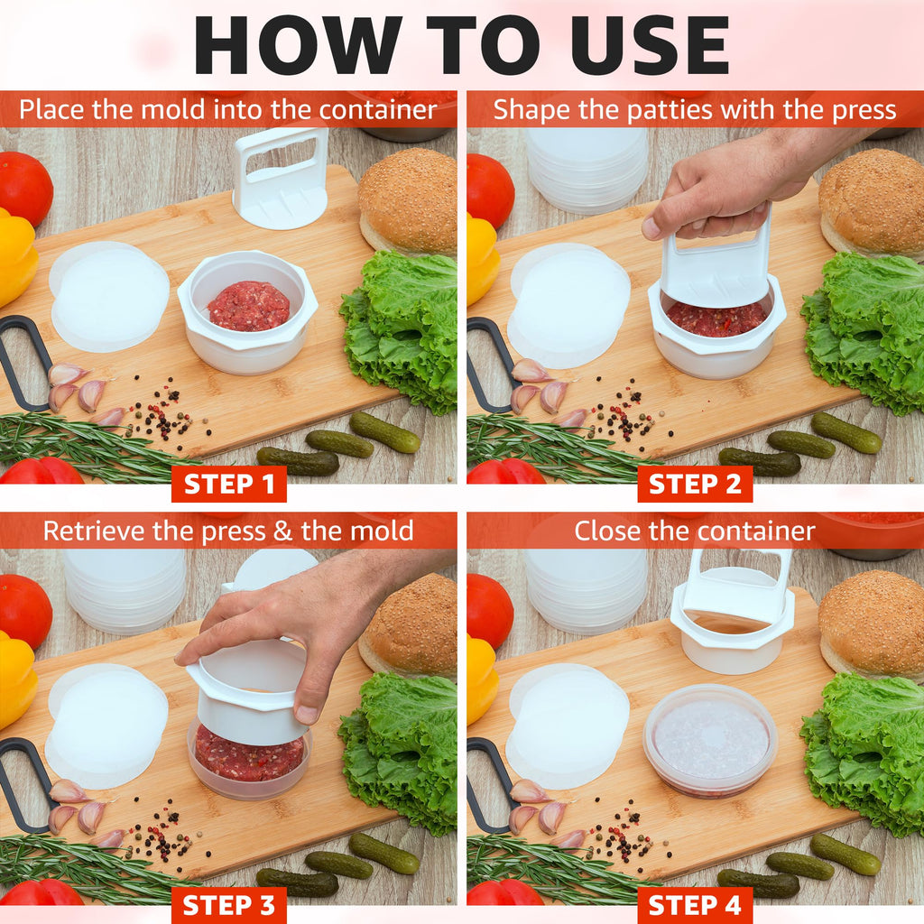Hamburger Press Patty Maker Set 4 in 1 - Burger Patty Maker, Shaper for BBQ