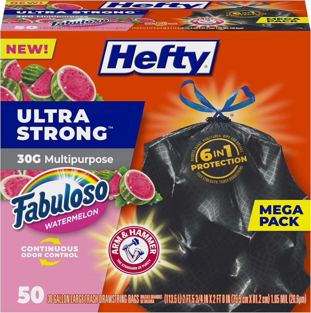 Ultra Strong 30 Gal Large Trash Bags, Fabuloso Watermelon, 50ct | 30G Large Black Trash Bags, Resists Leaks