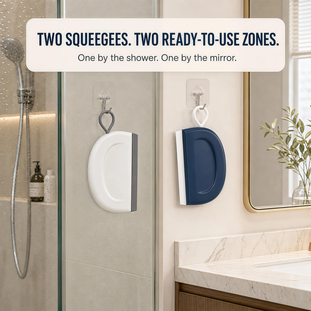 Small Squeegee, 2 Pack with Adhesive Hooks, Blue & White