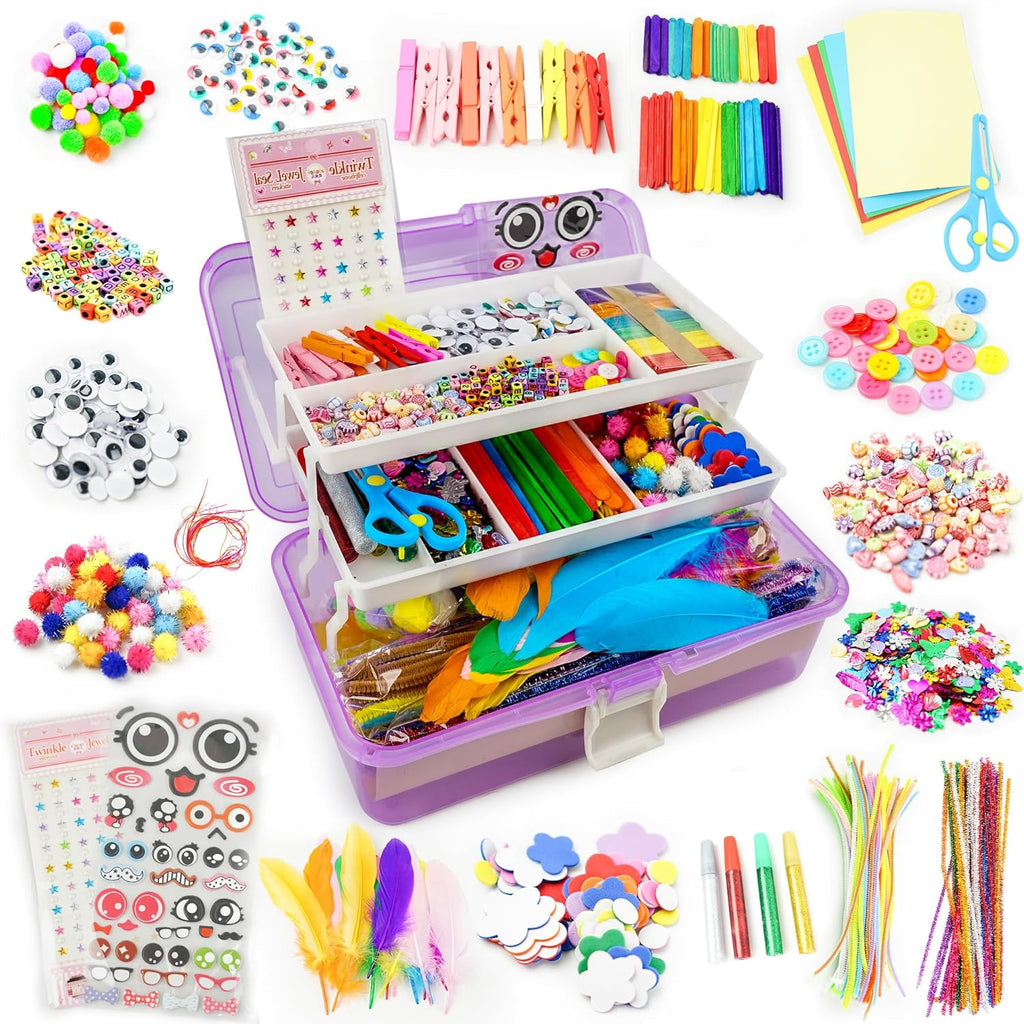 Arts Craft Supplies for Kids - 1000+ PCS Toddler DIY Craft Art Supply Set, Portable 3 Layered Folding Storage Box